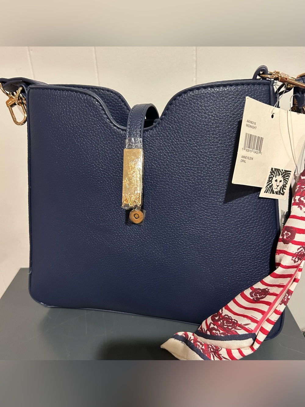Anne Klein Navy Pebbled Leather Shoulder Bag with Scarf Accent